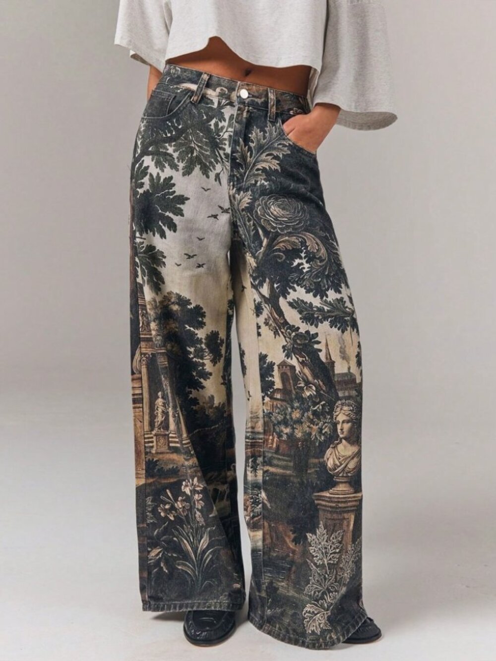 Brown Tapestry Print Wide Leg Denim Jeans - Extra Long - Picture 1 of 7